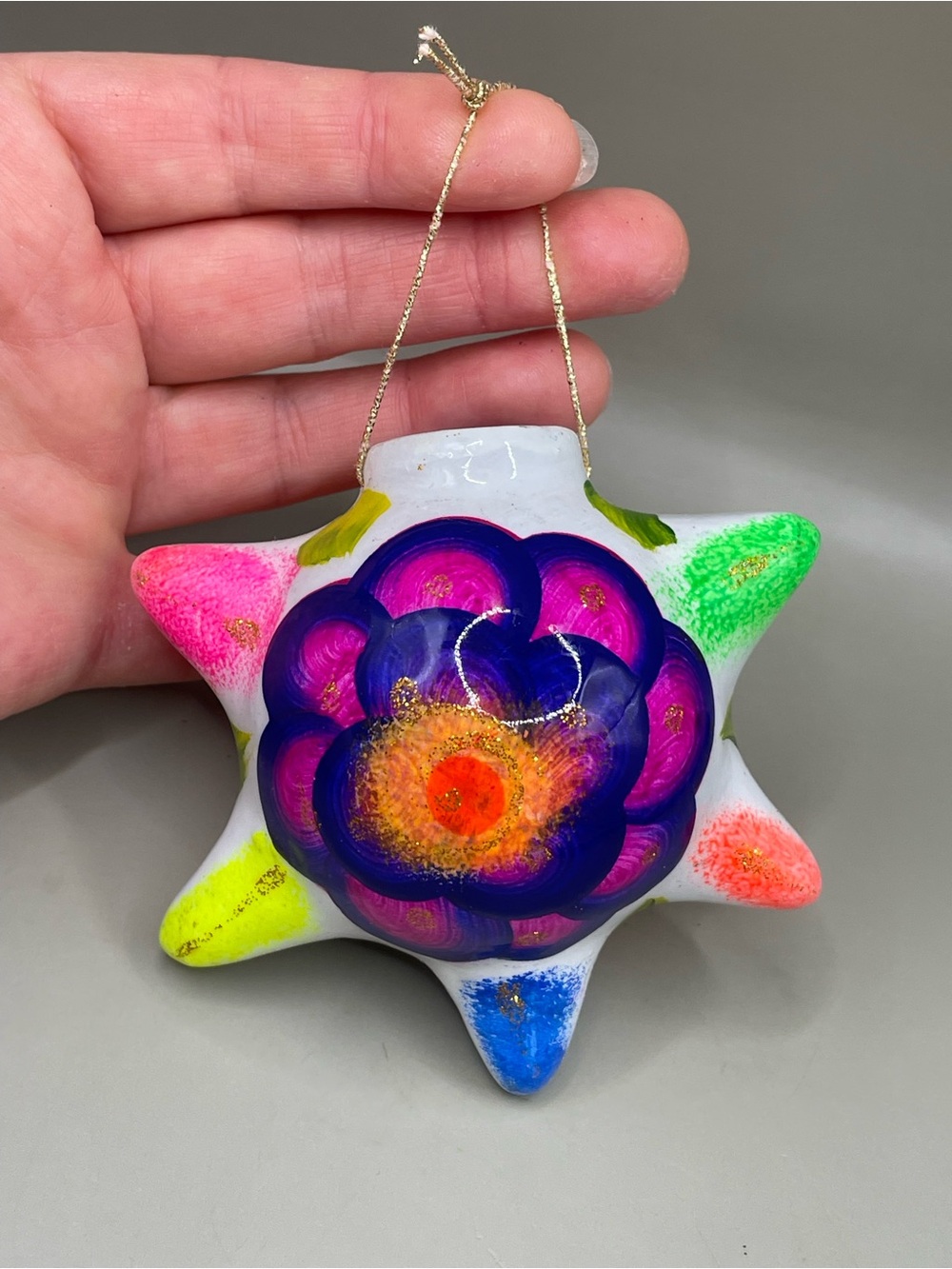 Christmas Star Ornament Mexican Ceramic Folk Art Pottery Clay Floral